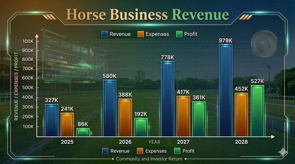 Horse business revenue, expenses, and profit projections from 2025 to 2028