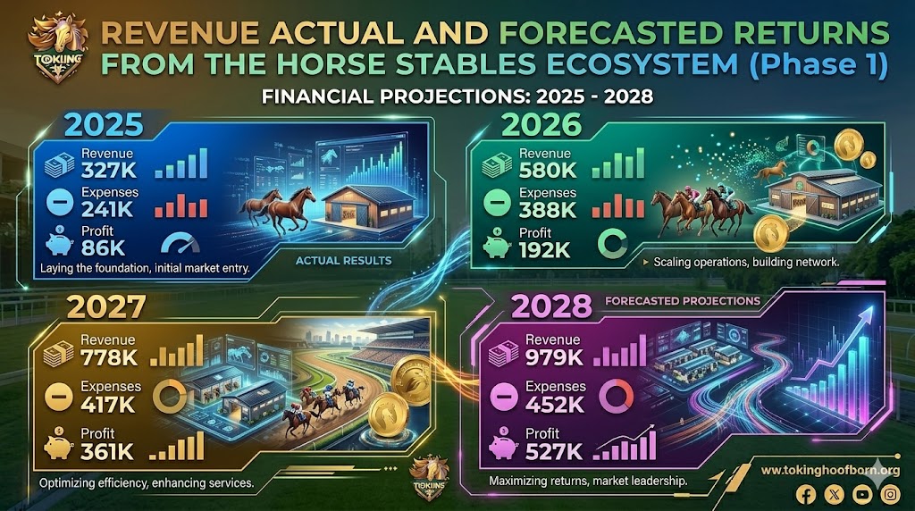 Revenue actual and forecasted returns from the Horse Stables Ecosystem (Phase 1) — 2025 to 2028